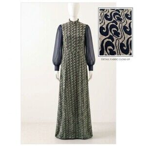 Handmade VTG Navy Maxi Hostess Dress XL 2XL 16 18 Sheer Bishop Sleeve Mod Gown